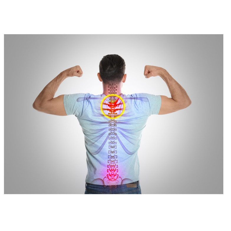 Picture of a man's back with a healthy spine superimposed on his shirt