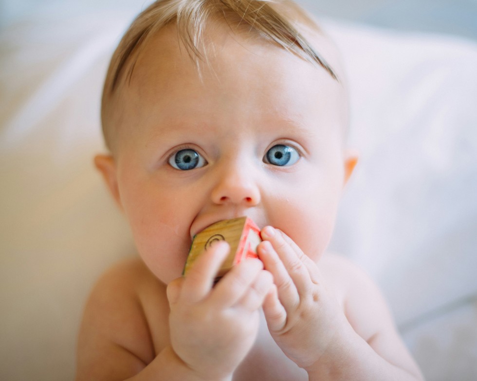 Picture of a cute baby holding a large wooden cube in his mouth