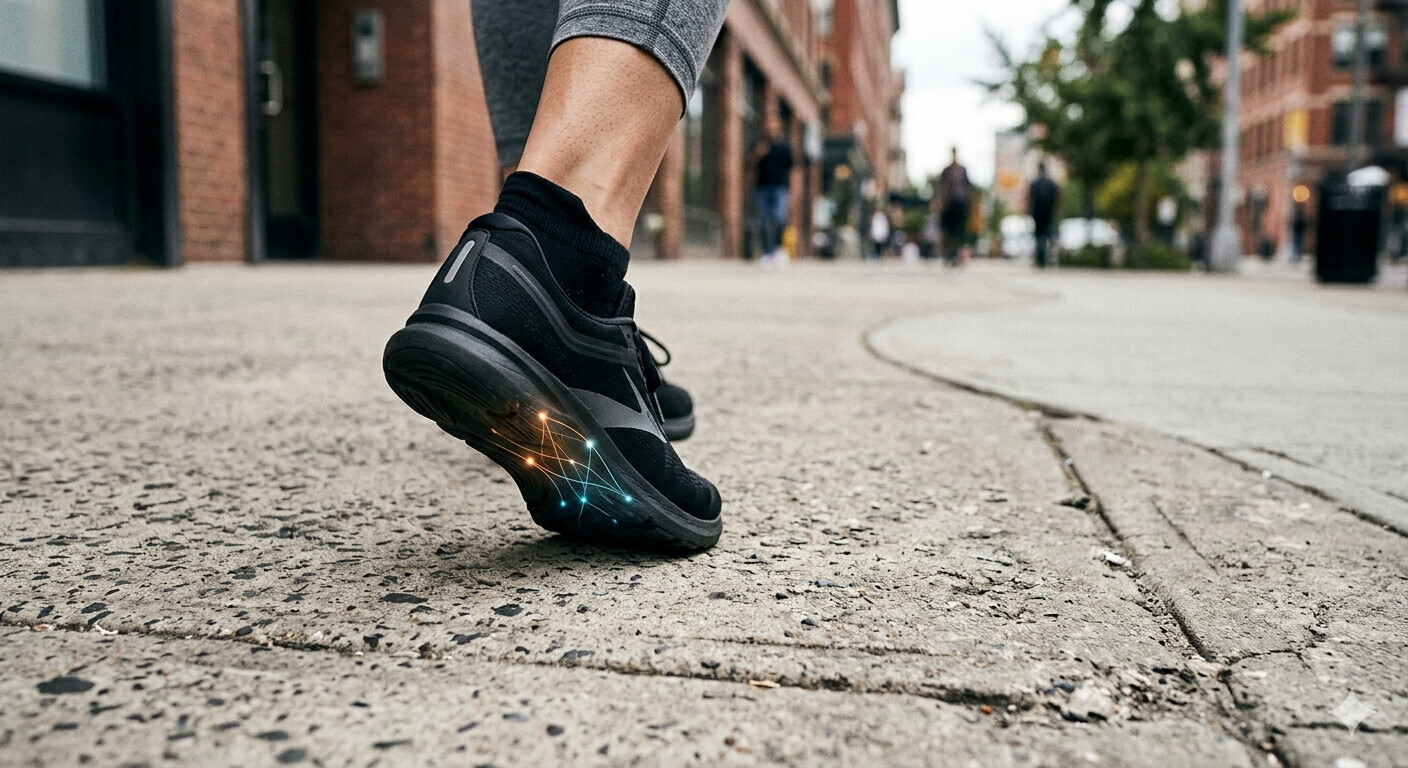 A person's feet walking wearing shoes on concrete