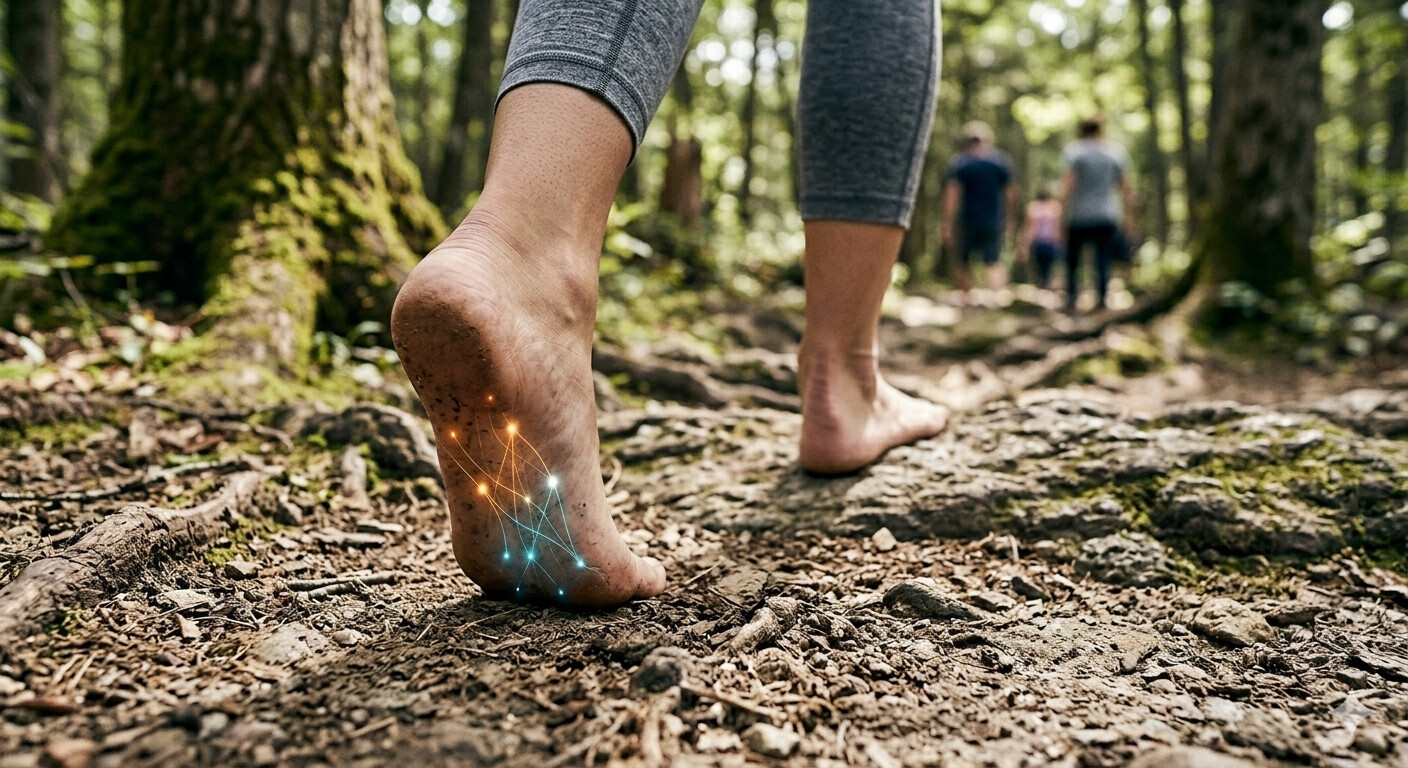 A person's feet walking bear foot on dirt
