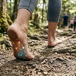 A person's feet walking bear foot on dirt